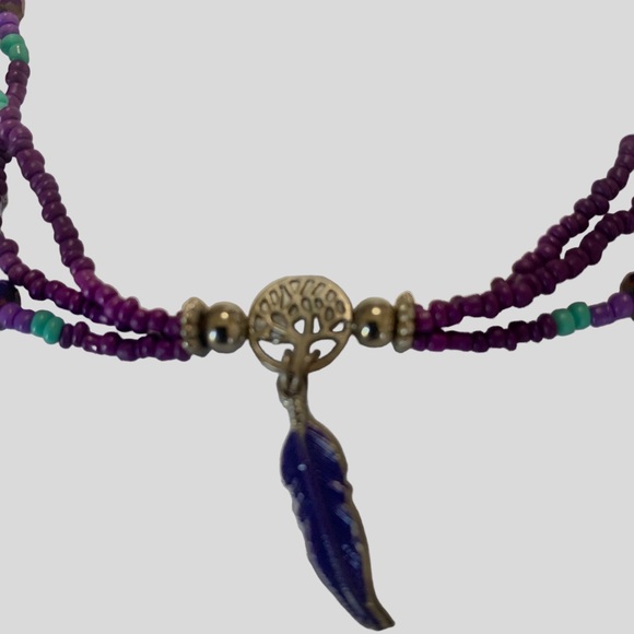 BOHEMIAN HANDMADE ANKLET PURPLE BEADS WITH FEATHER CHARM MULTICOLOR - Picture 10 of 10